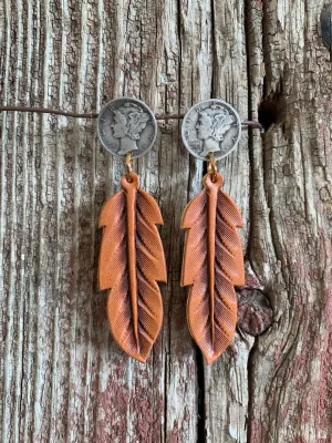 16112 Coin Stud Feather Earrings