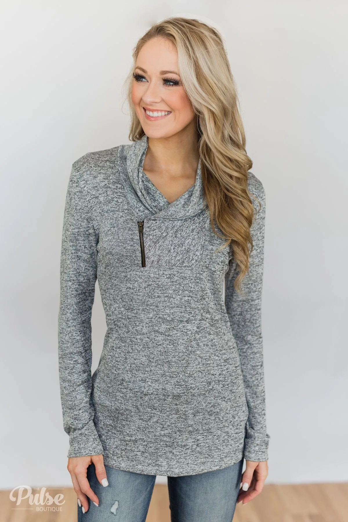 All This Time Zipper Pullover Top- Heather Grey