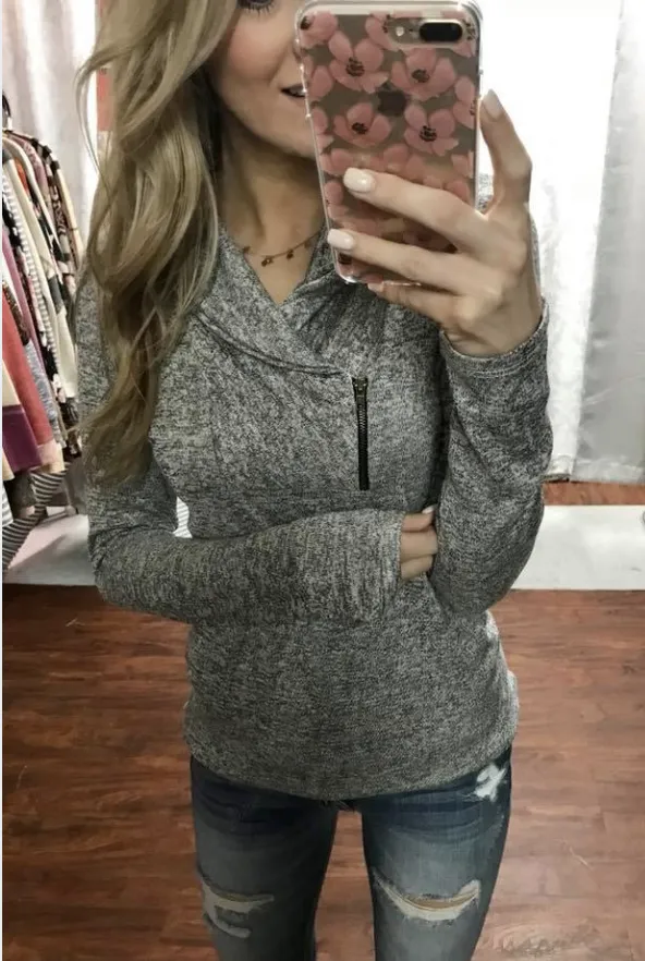 All This Time Zipper Pullover Top- Heather Grey