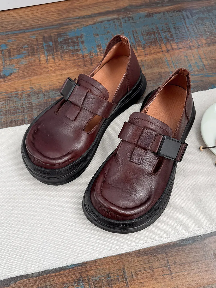 Babakud Women Spring Retro Leather Soft Sole Buckle Loafers