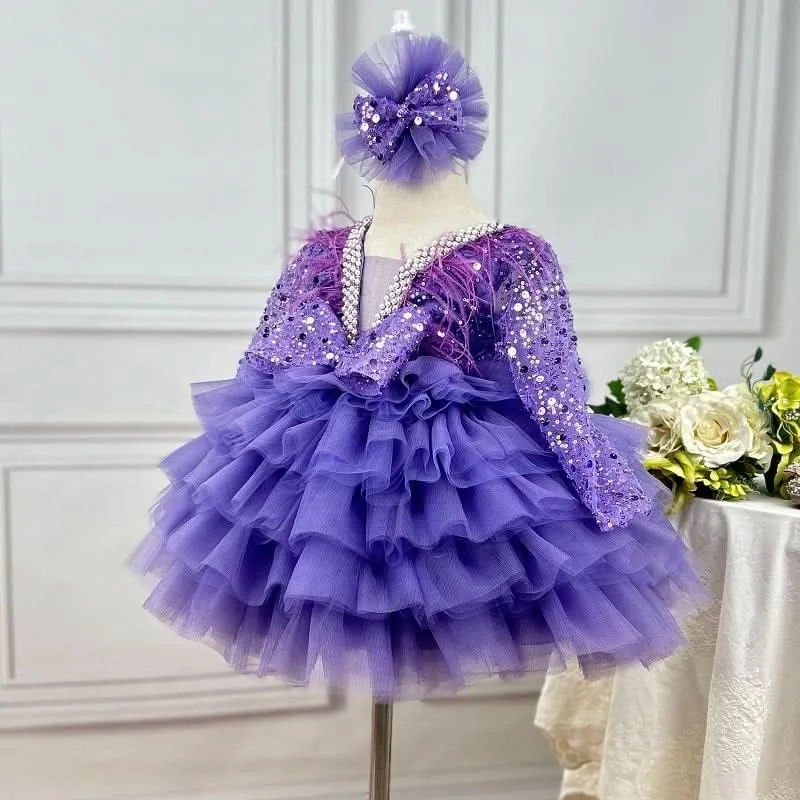 Baby Birthday Dress 1-12 Years Old Girls V-Neck Sequin Feather Princess Dress