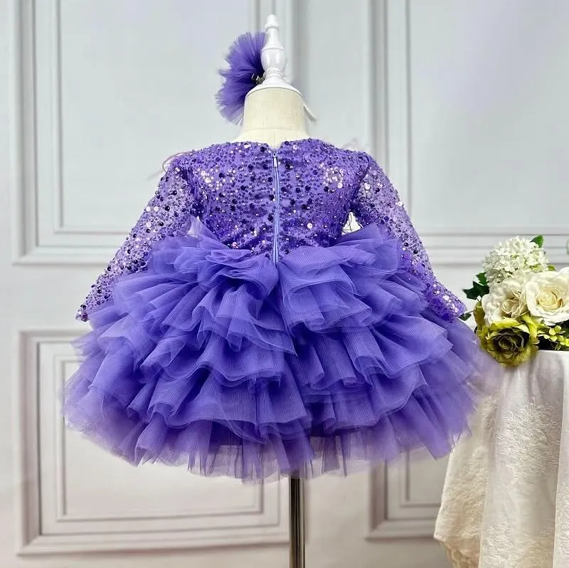 Baby Birthday Dress 1-12 Years Old Girls V-Neck Sequin Feather Princess Dress