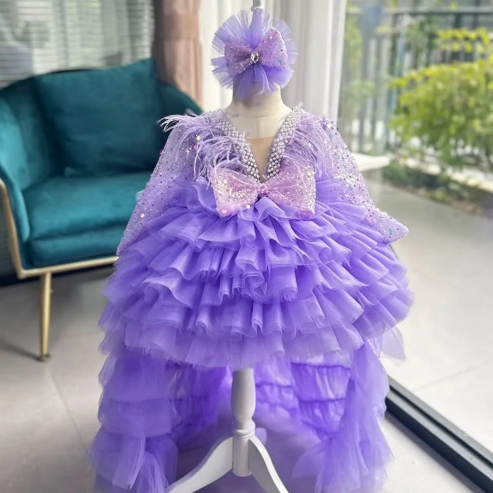 Baby Birthday Dress 1-12 Years Old Girls V-Neck Sequin Feather Princess Dress
