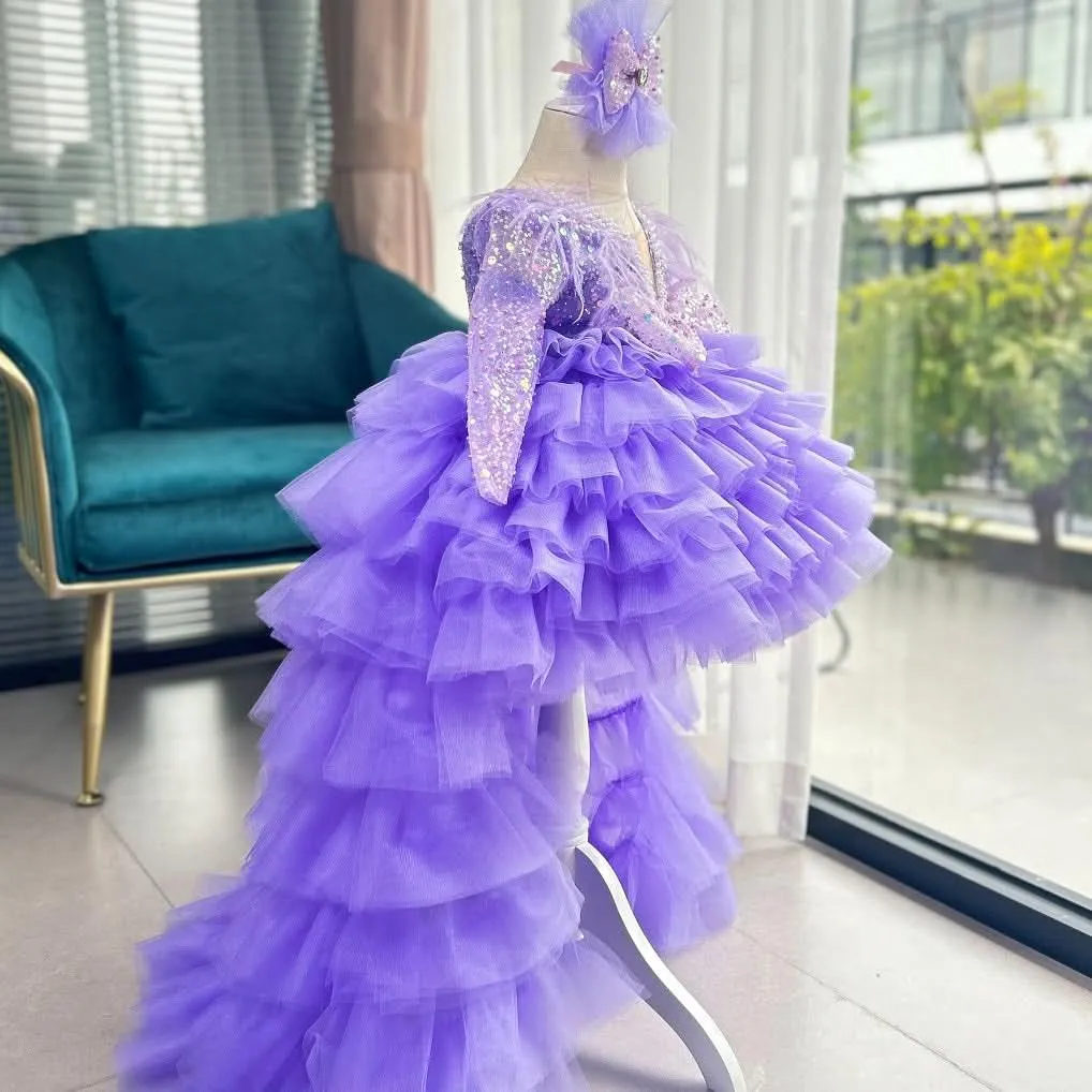 Baby Birthday Dress 1-12 Years Old Girls V-Neck Sequin Feather Princess Dress