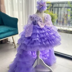 Baby Birthday Dress 1-12 Years Old Girls V-Neck Sequin Feather Princess Dress