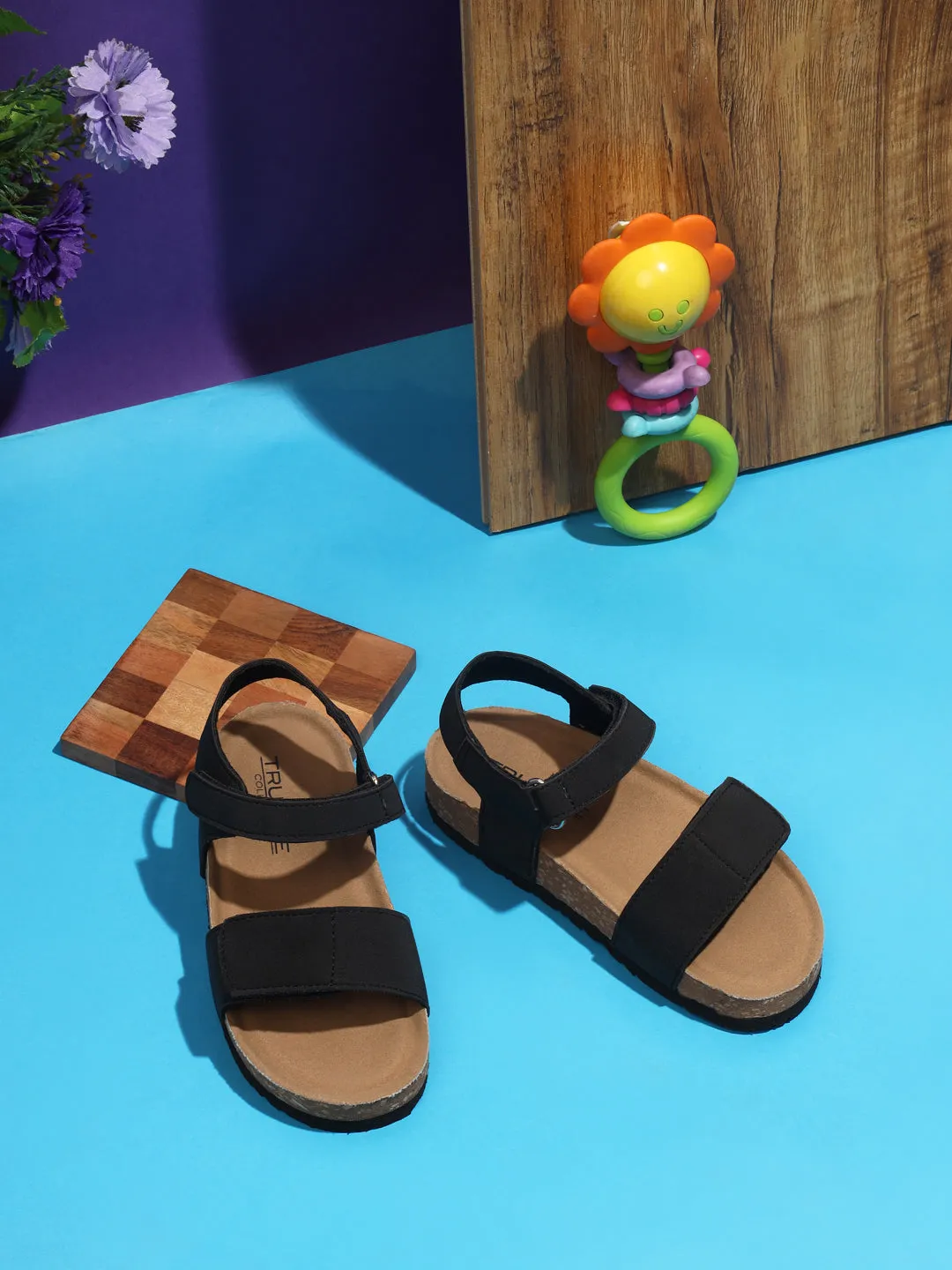 Black PU Cork-Latex Footbed Velcro Sandals For Kids-Unisex (TC-100511-BLK)