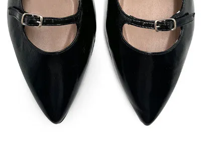 Black shiny pointed-toe ballet flats with straps