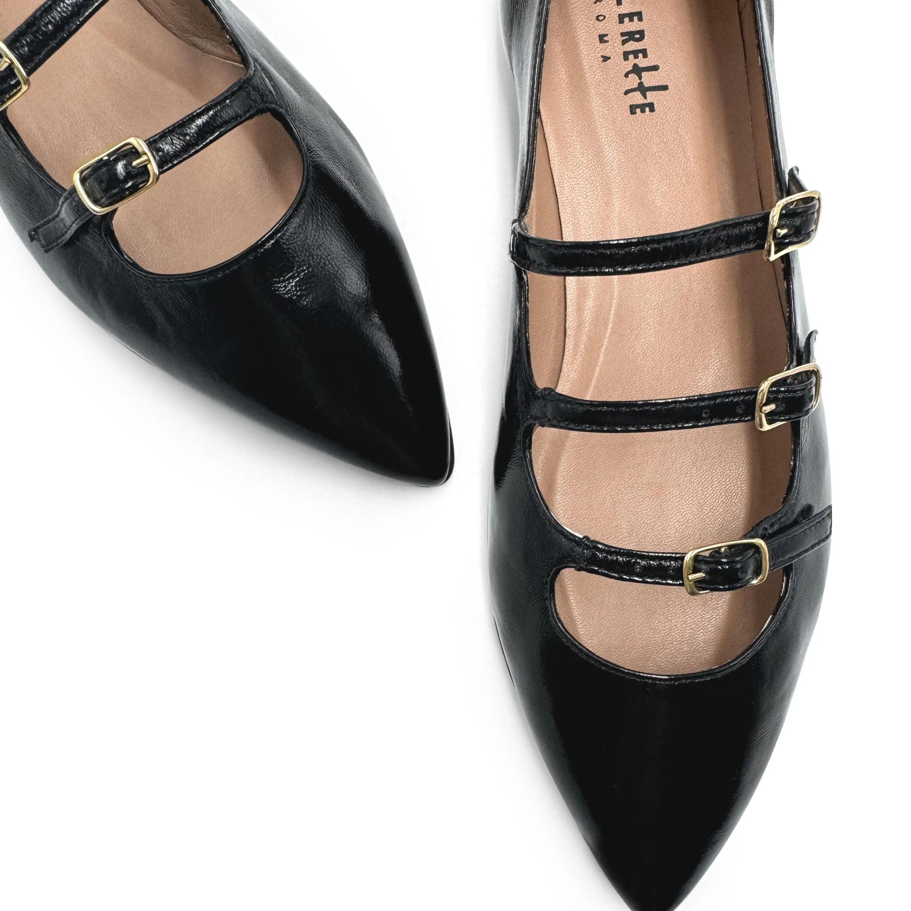 Black shiny pointed-toe ballet flats with straps
