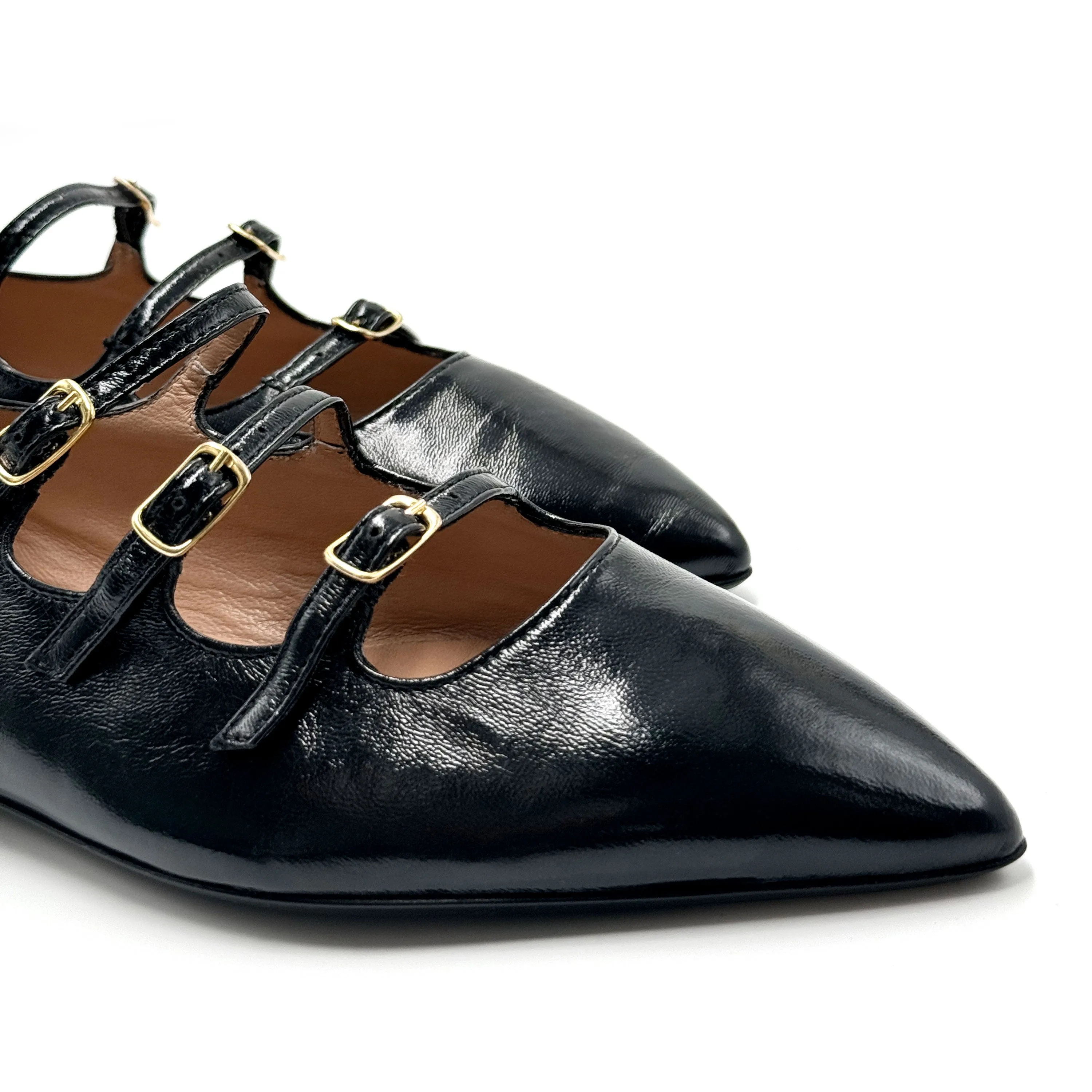 Black shiny pointed-toe ballet flats with straps