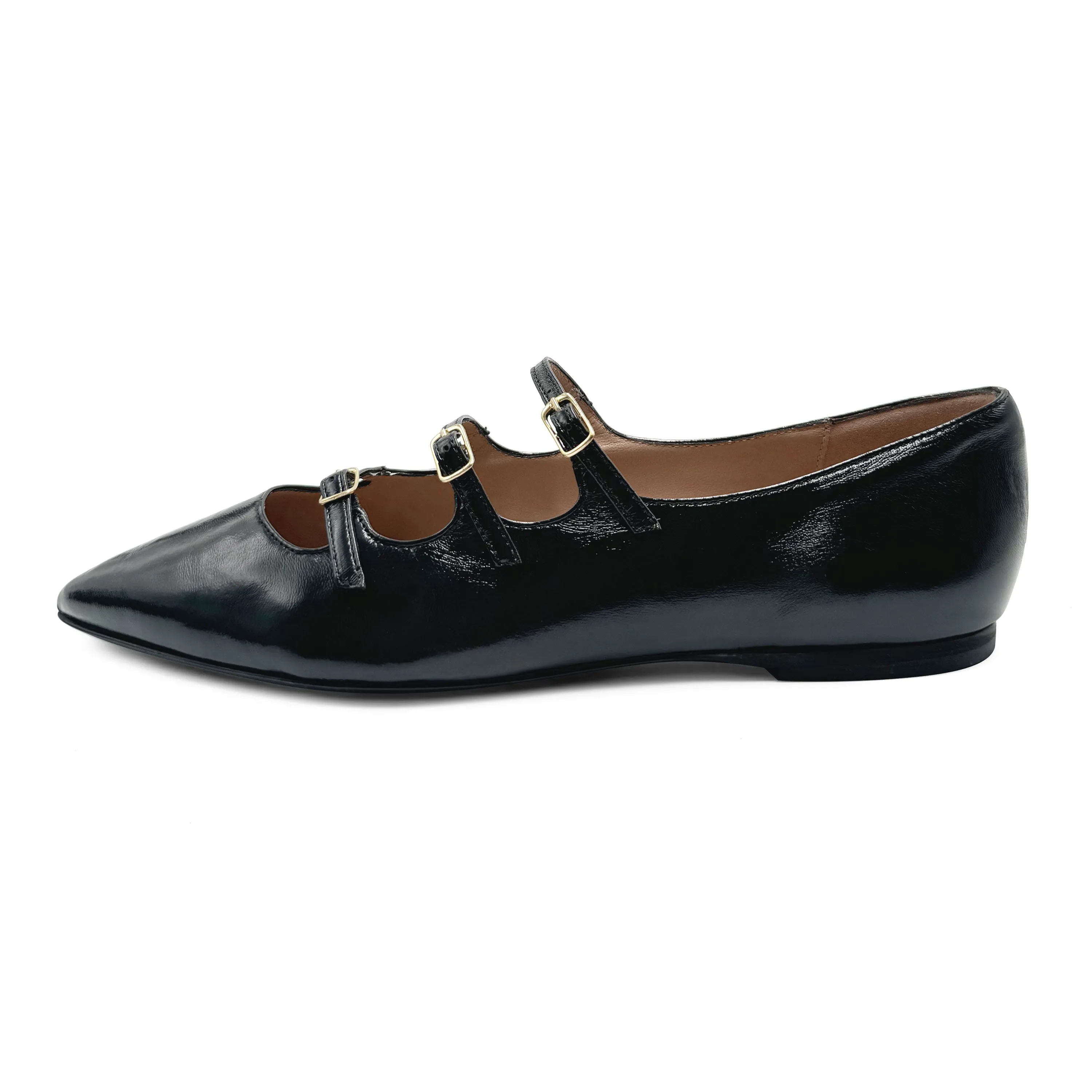 Black shiny pointed-toe ballet flats with straps