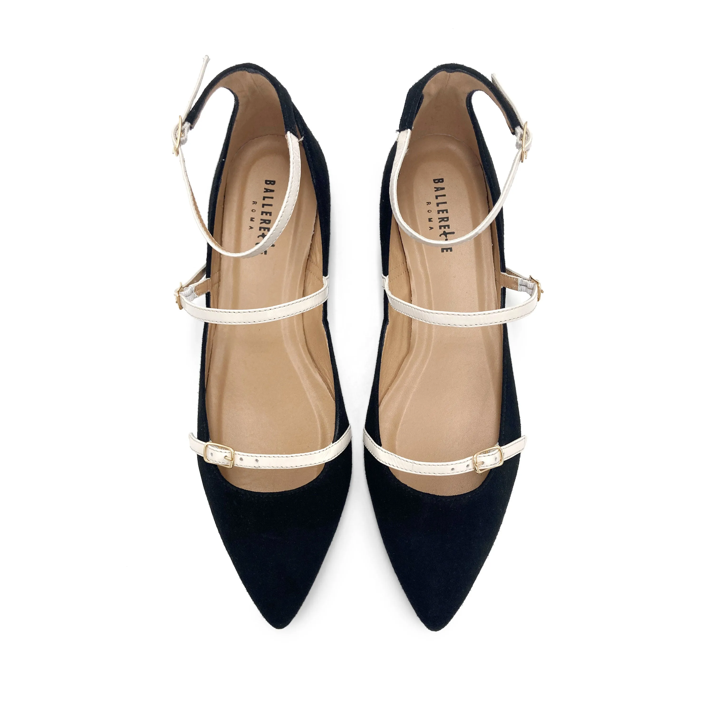 Black Suede Ballet Flats with Cream Straps