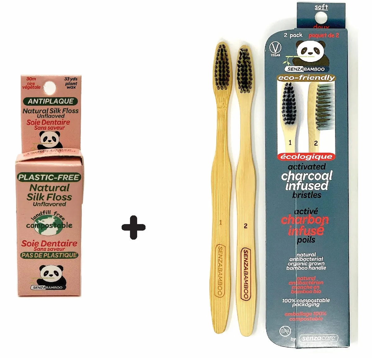 Bundle! 100%-Plastic Free Silk Dental Floss Box   2 Pack Charcoal Infused Thin Tip Bristle Bamboo Toothbrushes