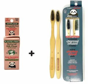 Bundle! 100%-Plastic Free Silk Dental Floss Box   2 Pack Charcoal Infused Thin Tip Bristle Bamboo Toothbrushes