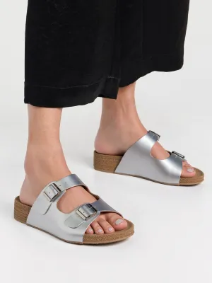 Chere Metallic Luxe Dual-Buckle Slip-On Sandals – Silver