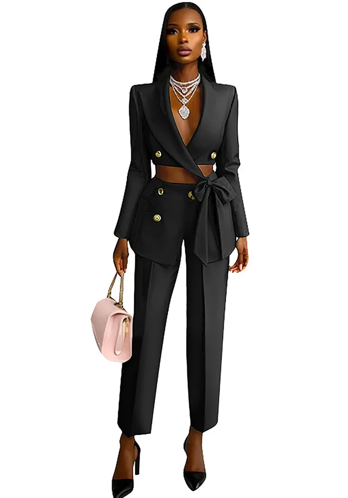 Chic Double-Breasted Cropped Blazer and High-Waist Pants Suit