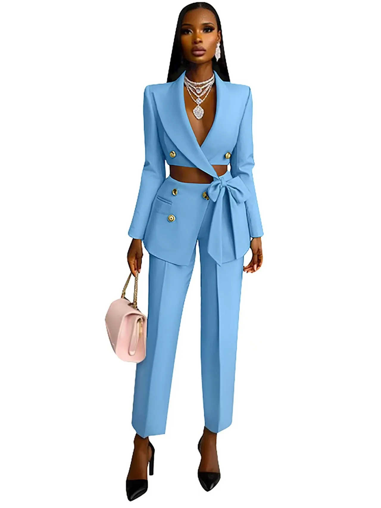 Chic Double-Breasted Cropped Blazer and High-Waist Pants Suit