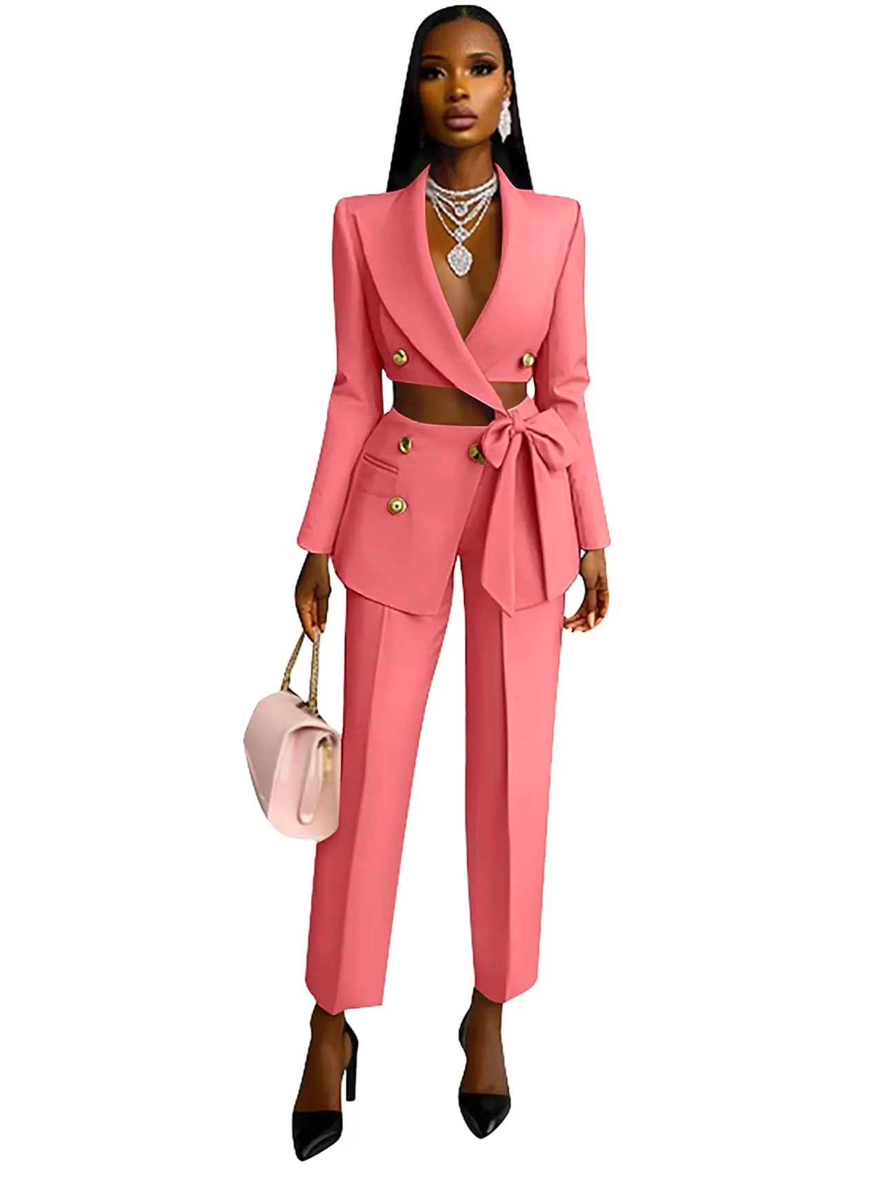 Chic Double-Breasted Cropped Blazer and High-Waist Pants Suit