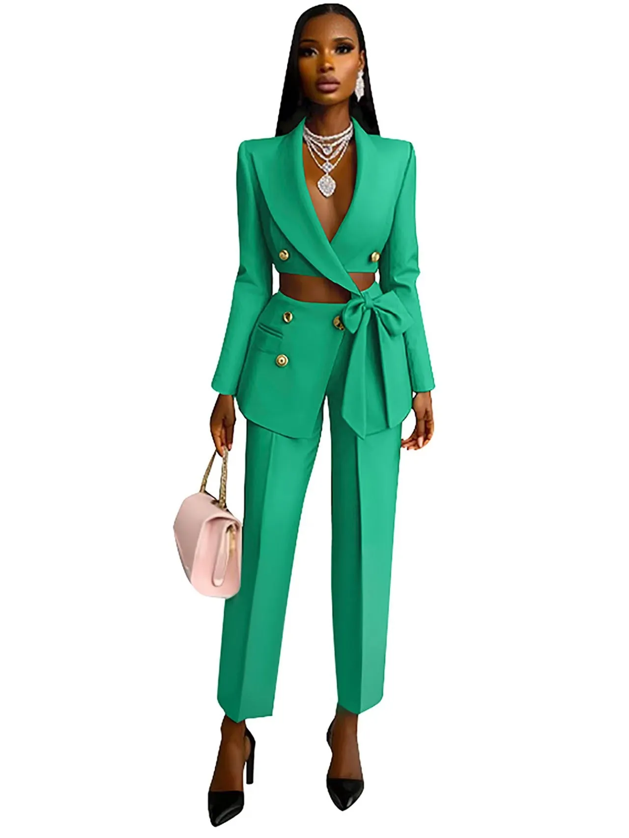 Chic Double-Breasted Cropped Blazer and High-Waist Pants Suit