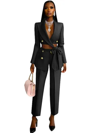 Chic Double-Breasted Cropped Blazer and High-Waist Pants Suit