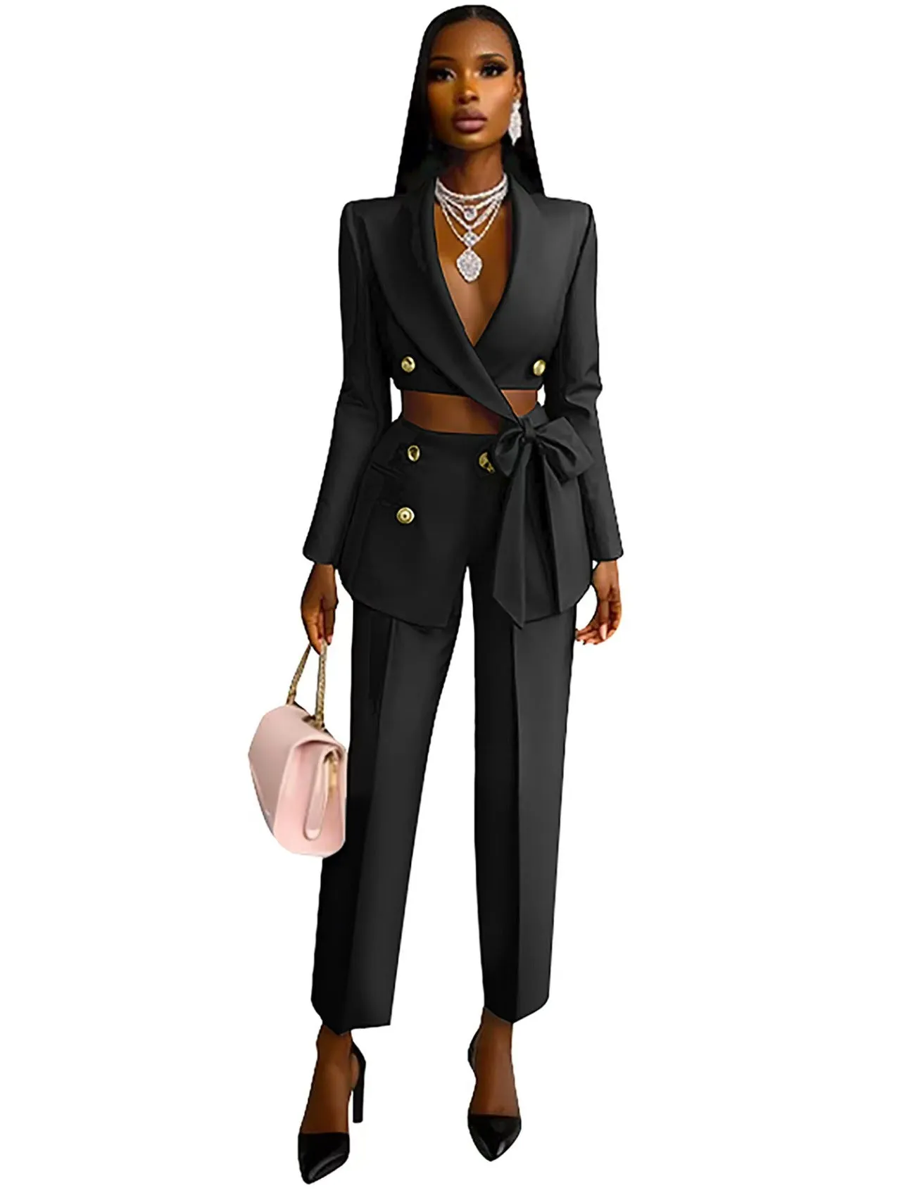 Chic Double-Breasted Cropped Blazer and High-Waist Pants Suit