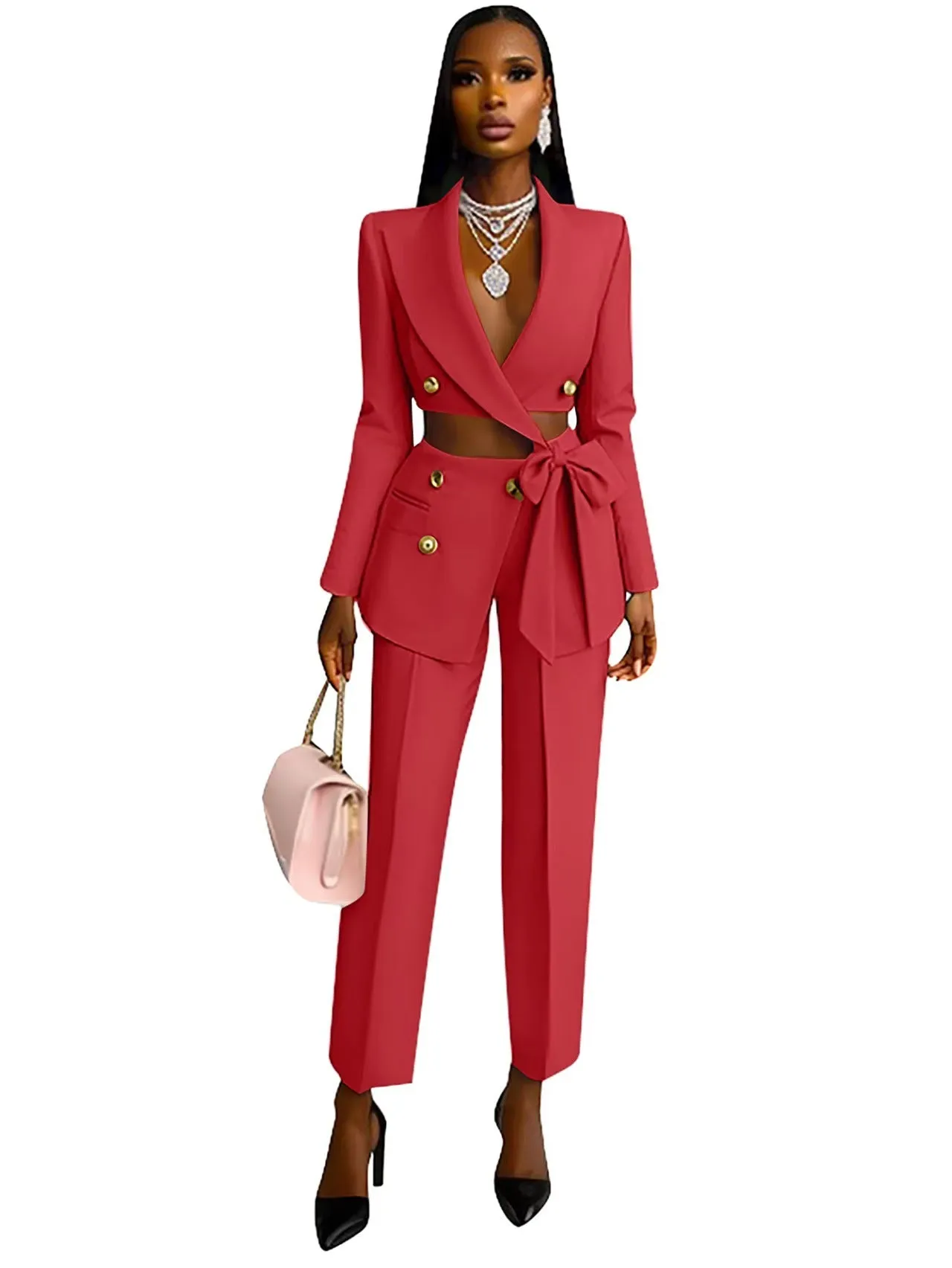 Chic Double-Breasted Cropped Blazer and High-Waist Pants Suit