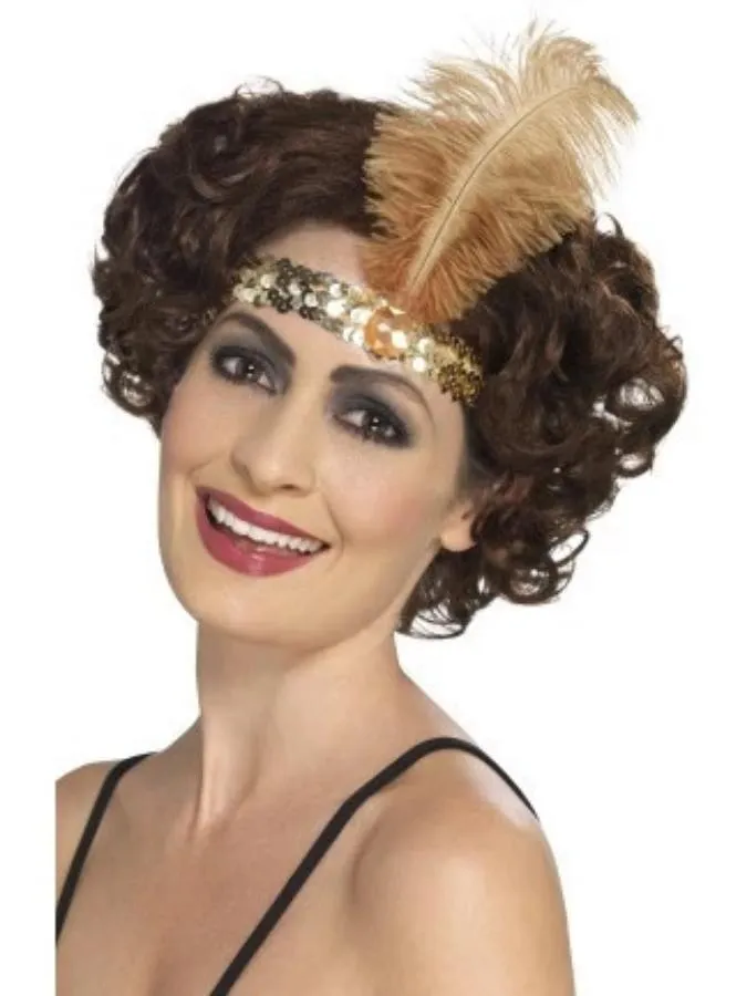 Flapper Headband, Gold, with Feather