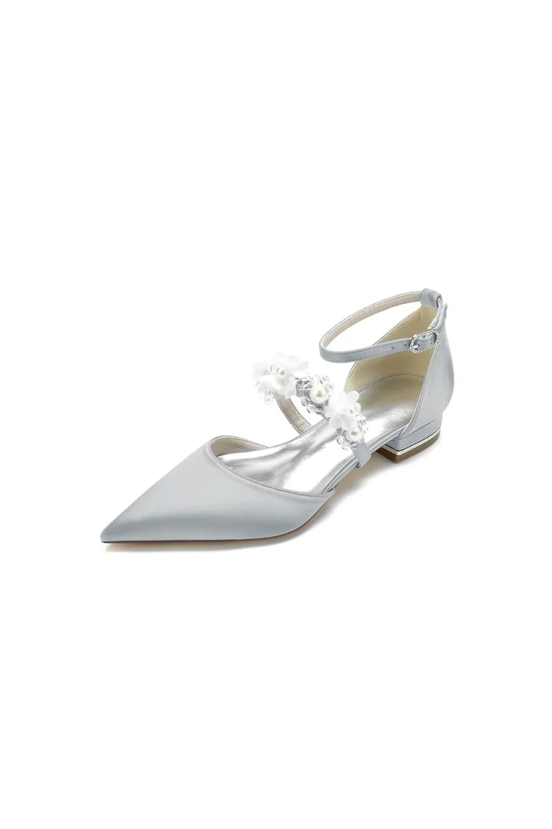 Flower Pearl Buckle Strap Pointed Toe Flats