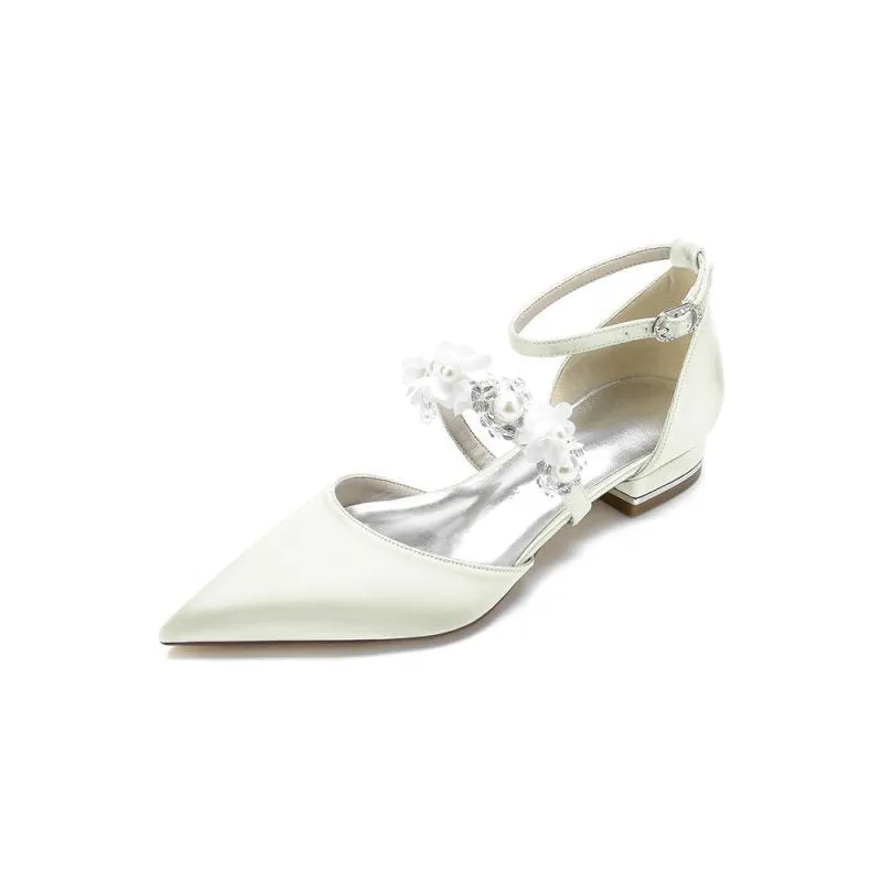 Flower Pearl Buckle Strap Pointed Toe Flats