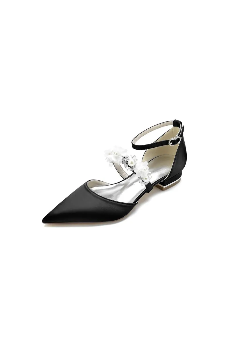Flower Pearl Buckle Strap Pointed Toe Flats