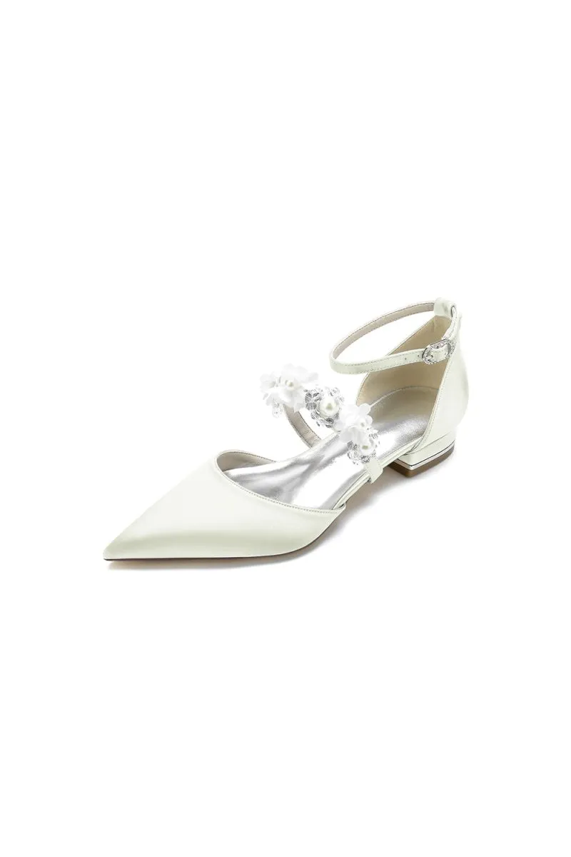 Flower Pearl Buckle Strap Pointed Toe Flats