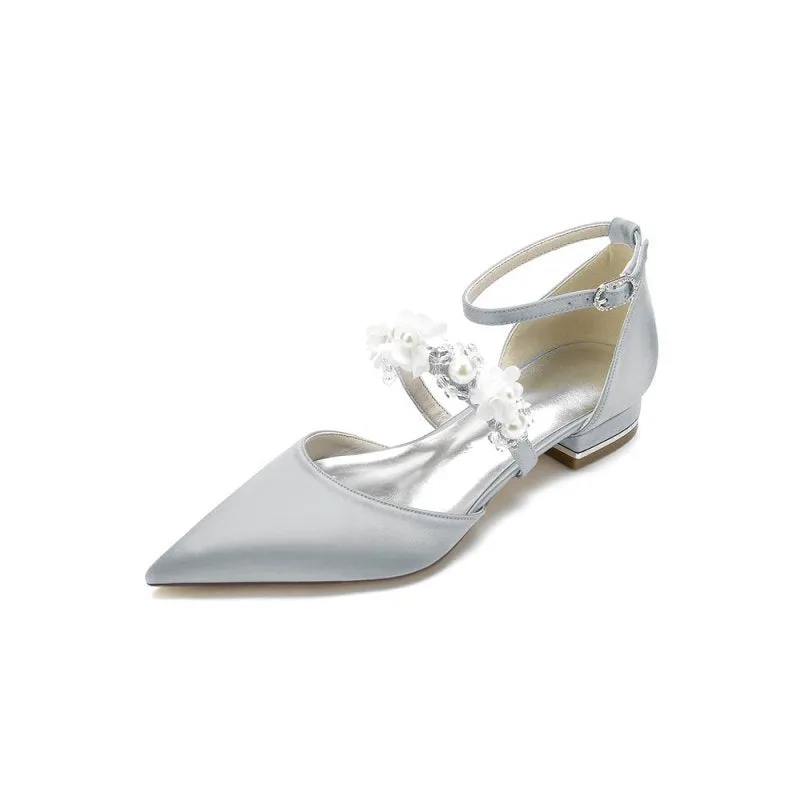 Flower Pearl Buckle Strap Pointed Toe Flats