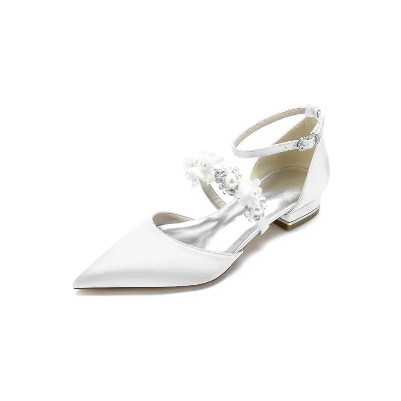 Flower Pearl Buckle Strap Pointed Toe Flats