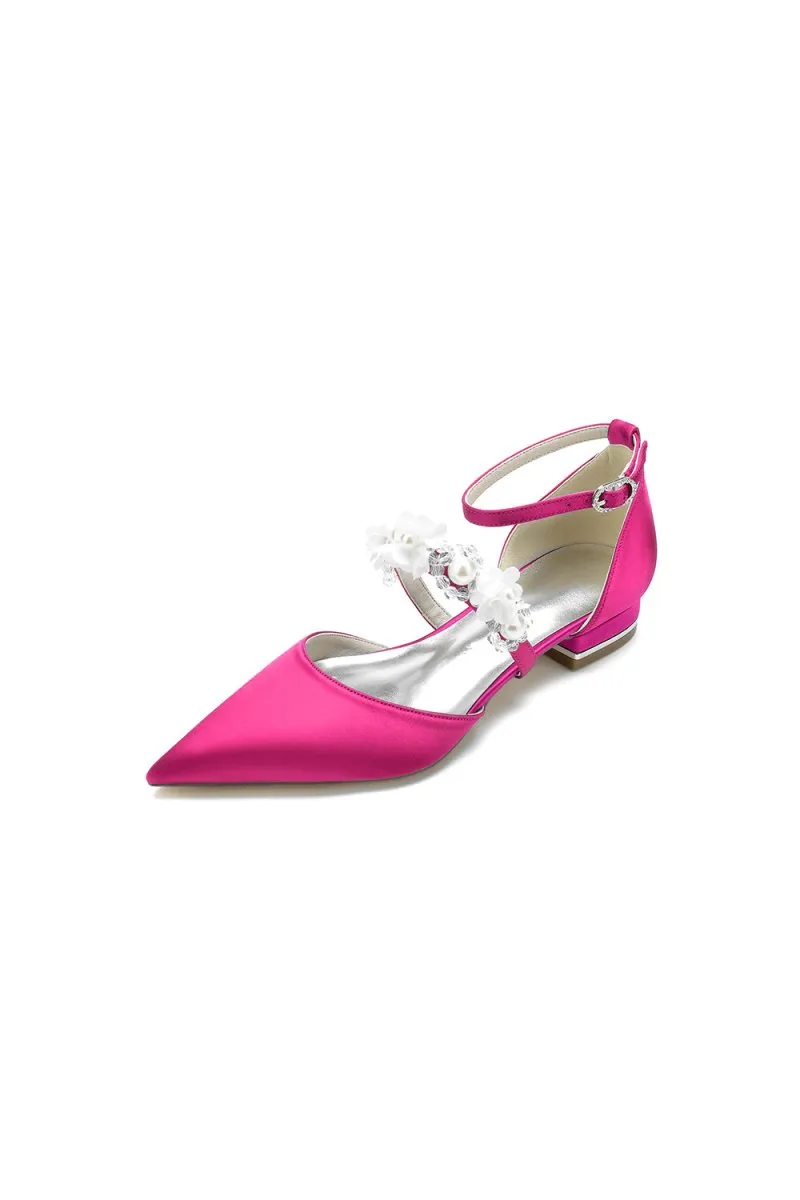 Flower Pearl Buckle Strap Pointed Toe Flats
