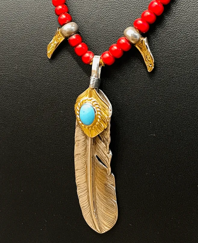 Goros Gold Top Gold Rope Turquoise Feather & Red Bead Setup