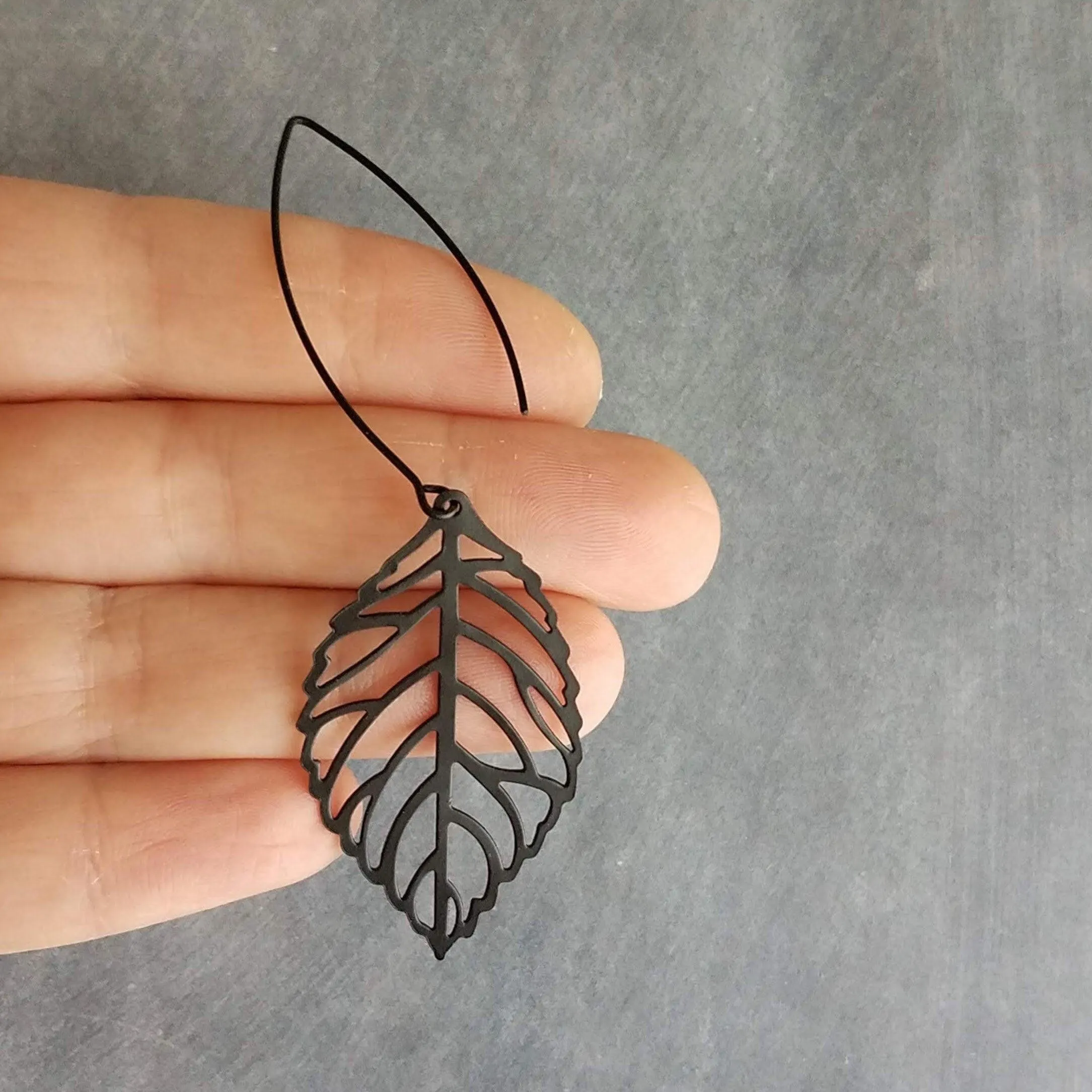 Large Matte Black Leaf Earrings, black filigree earring, filigree leaf earring black outline earring black cut out earring large lightweight