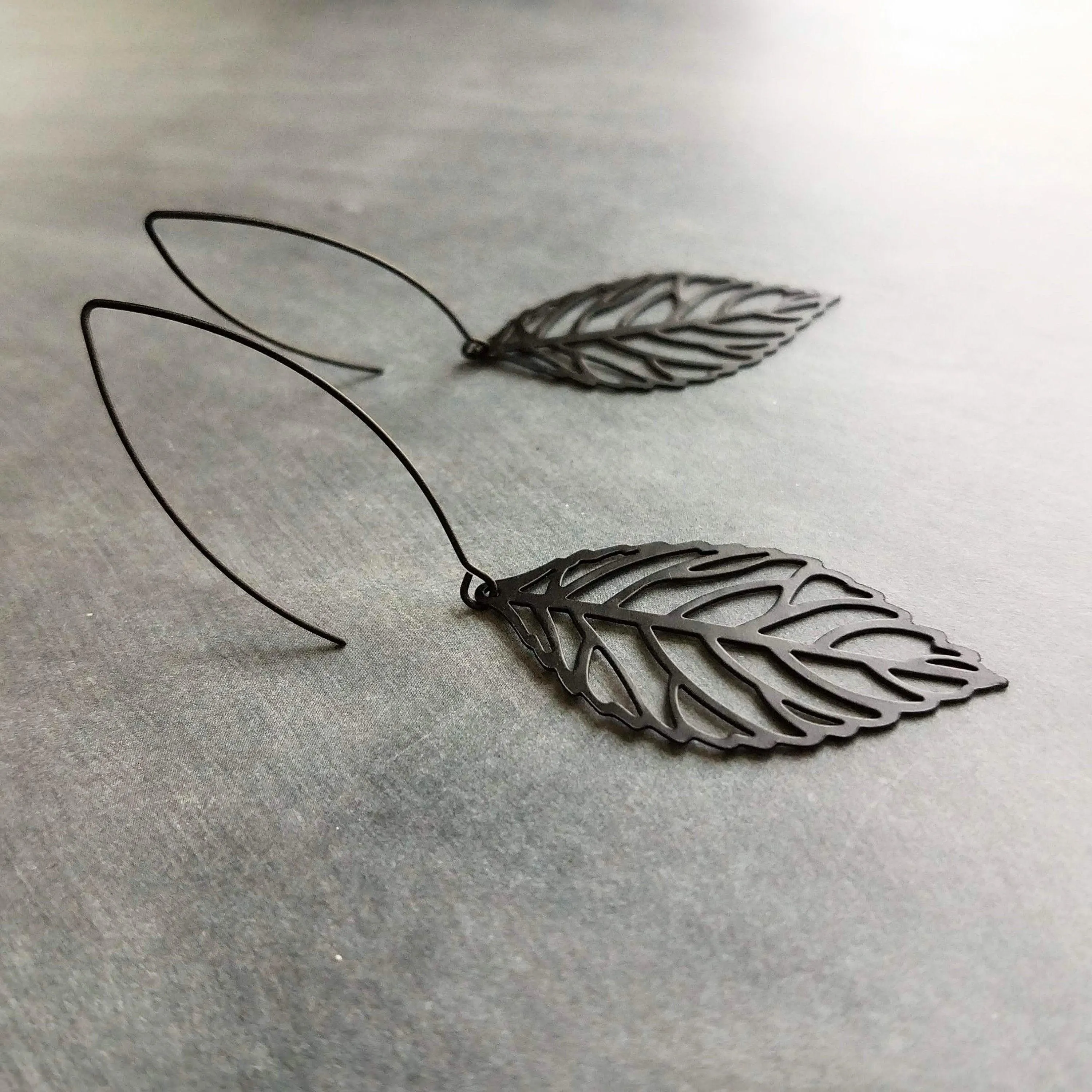 Large Matte Black Leaf Earrings, black filigree earring, filigree leaf earring black outline earring black cut out earring large lightweight