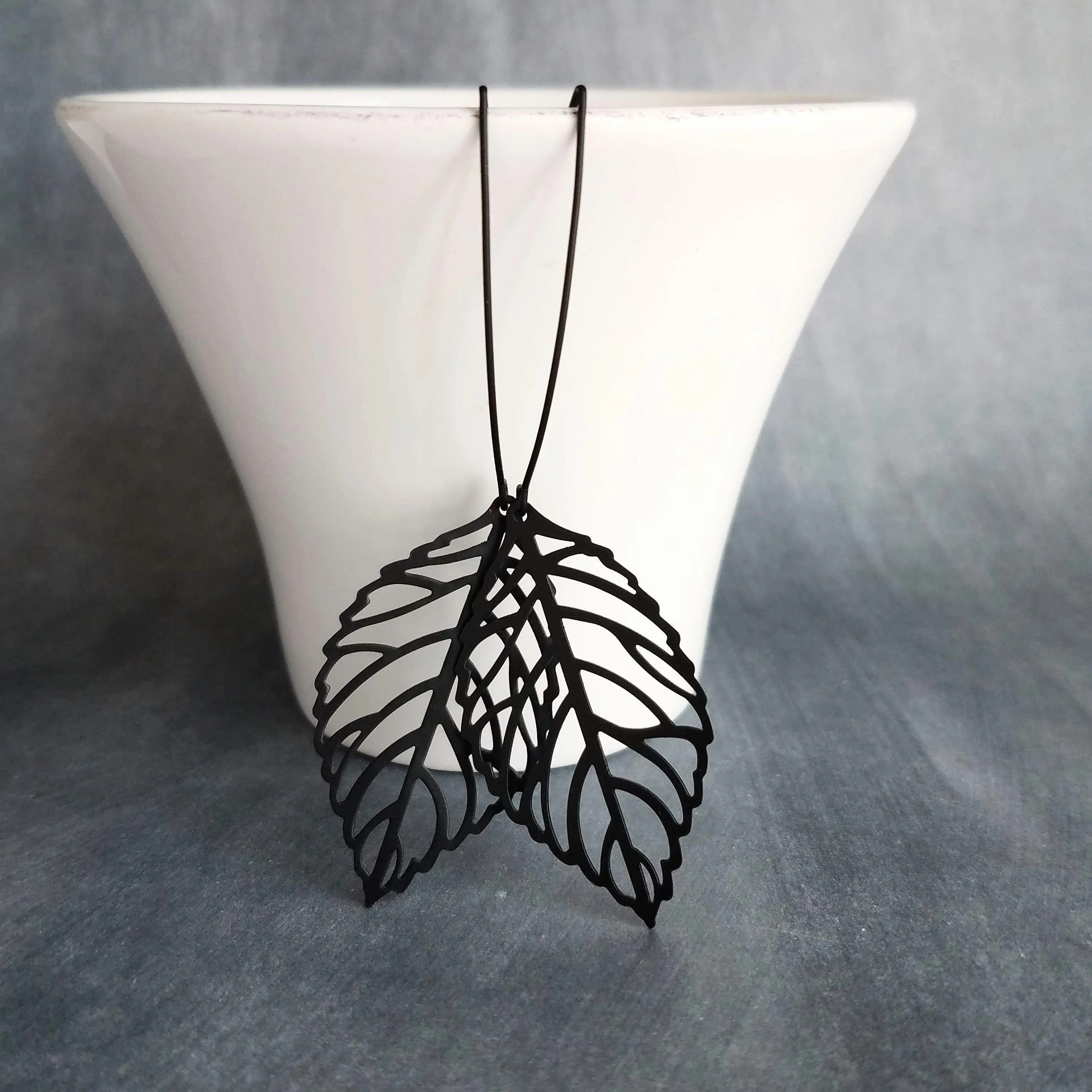 Large Matte Black Leaf Earrings, black filigree earring, filigree leaf earring black outline earring black cut out earring large lightweight