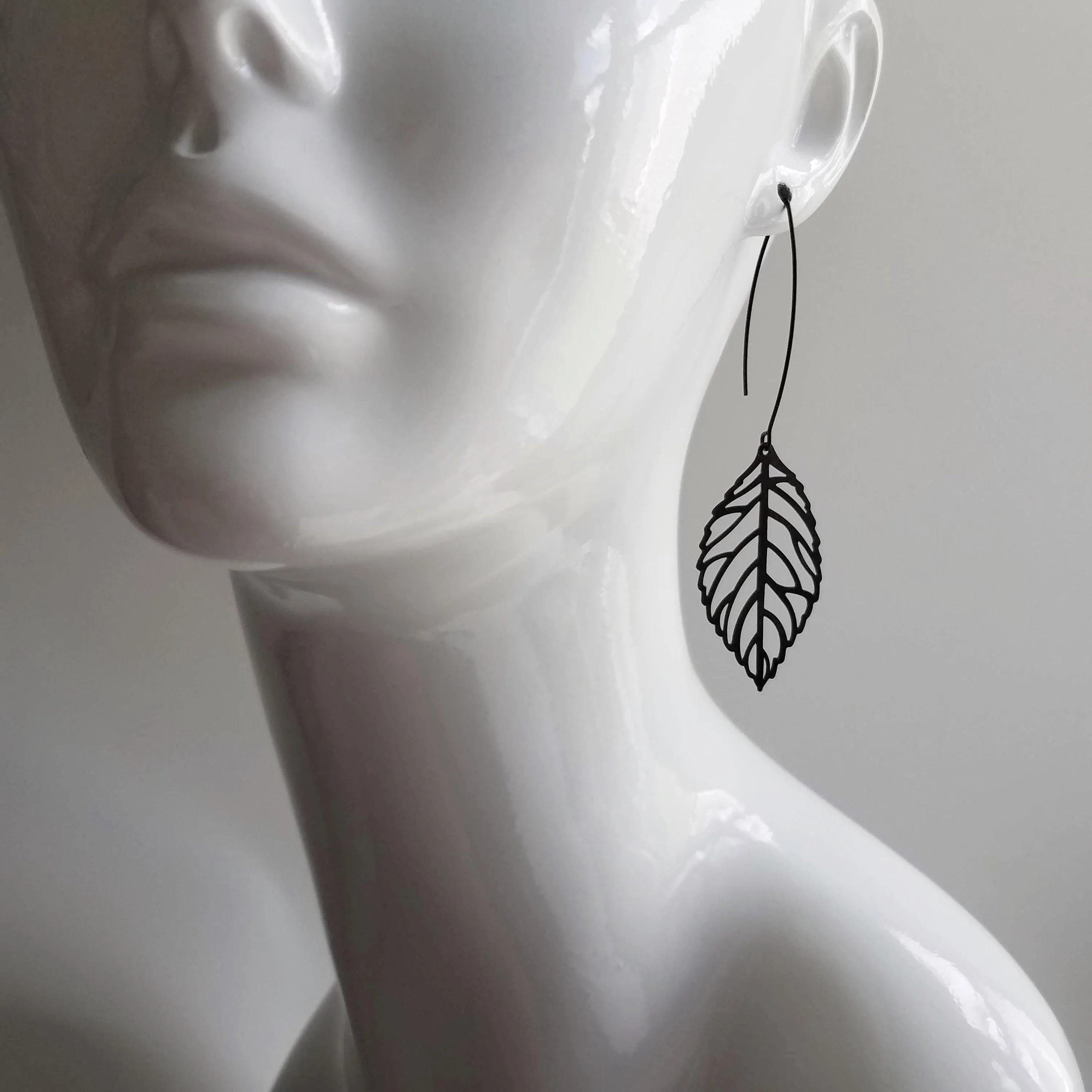 Large Matte Black Leaf Earrings, black filigree earring, filigree leaf earring black outline earring black cut out earring large lightweight