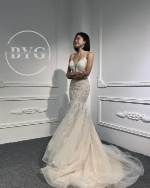 LB01- Heavy beading Lace nude color mermaid dress