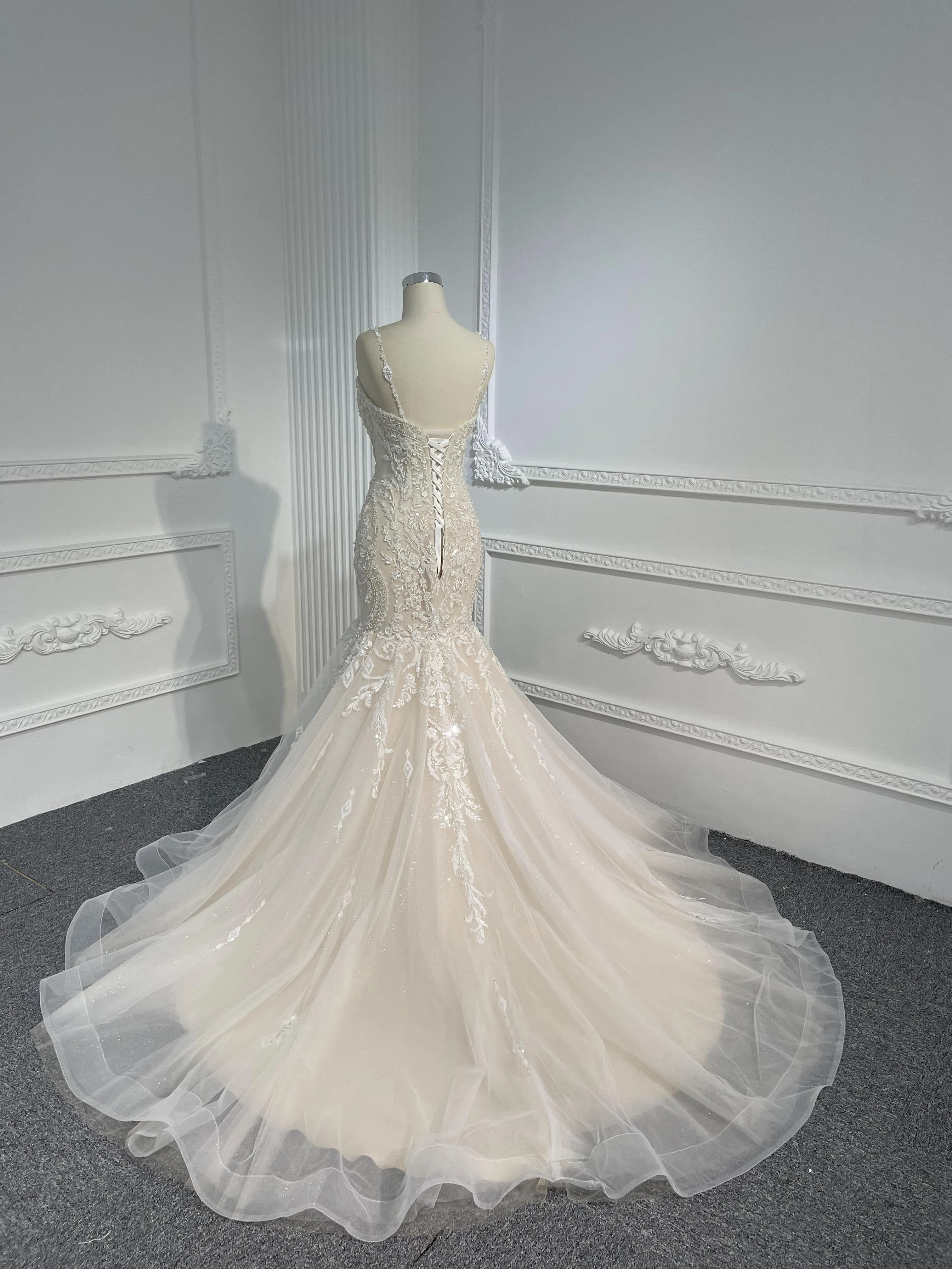 LB01- Heavy beading Lace nude color mermaid dress