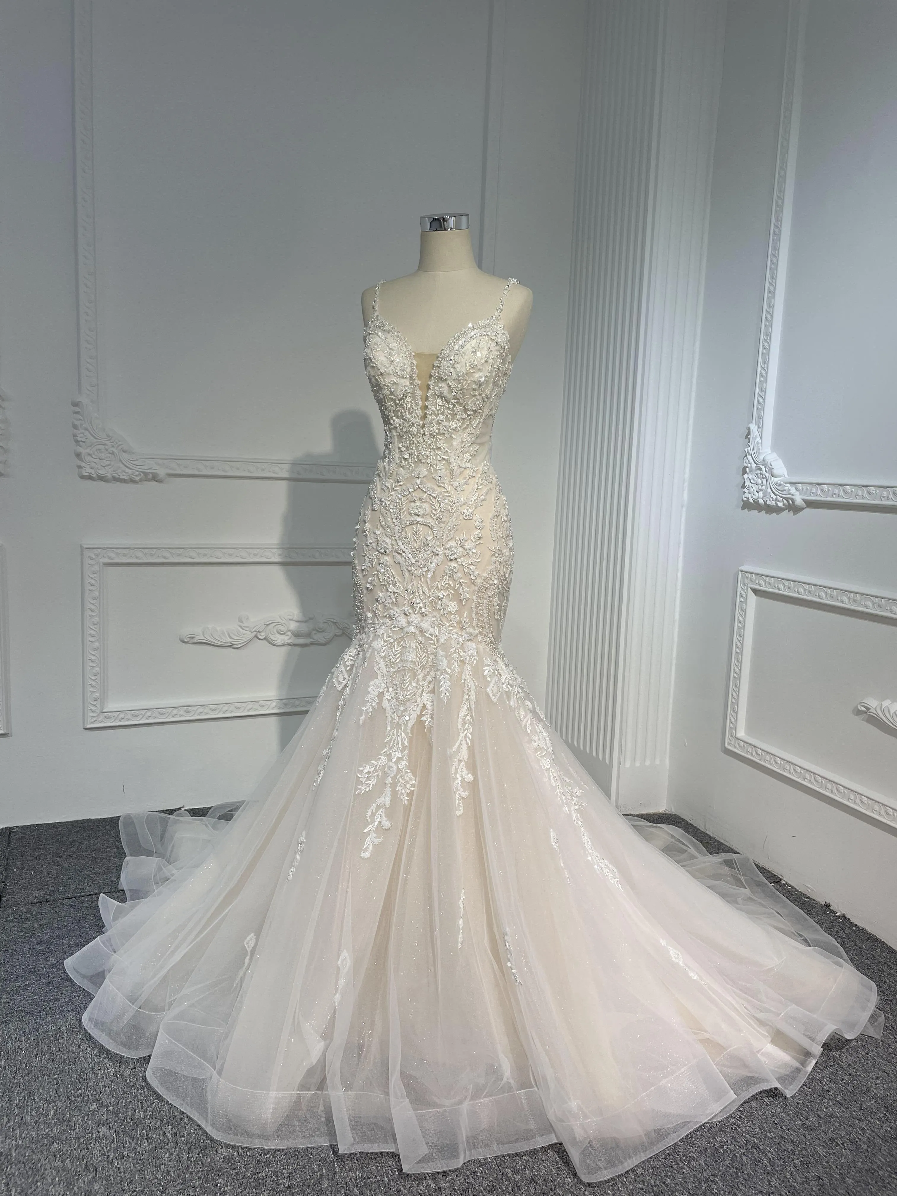 LB01- Heavy beading Lace nude color mermaid dress