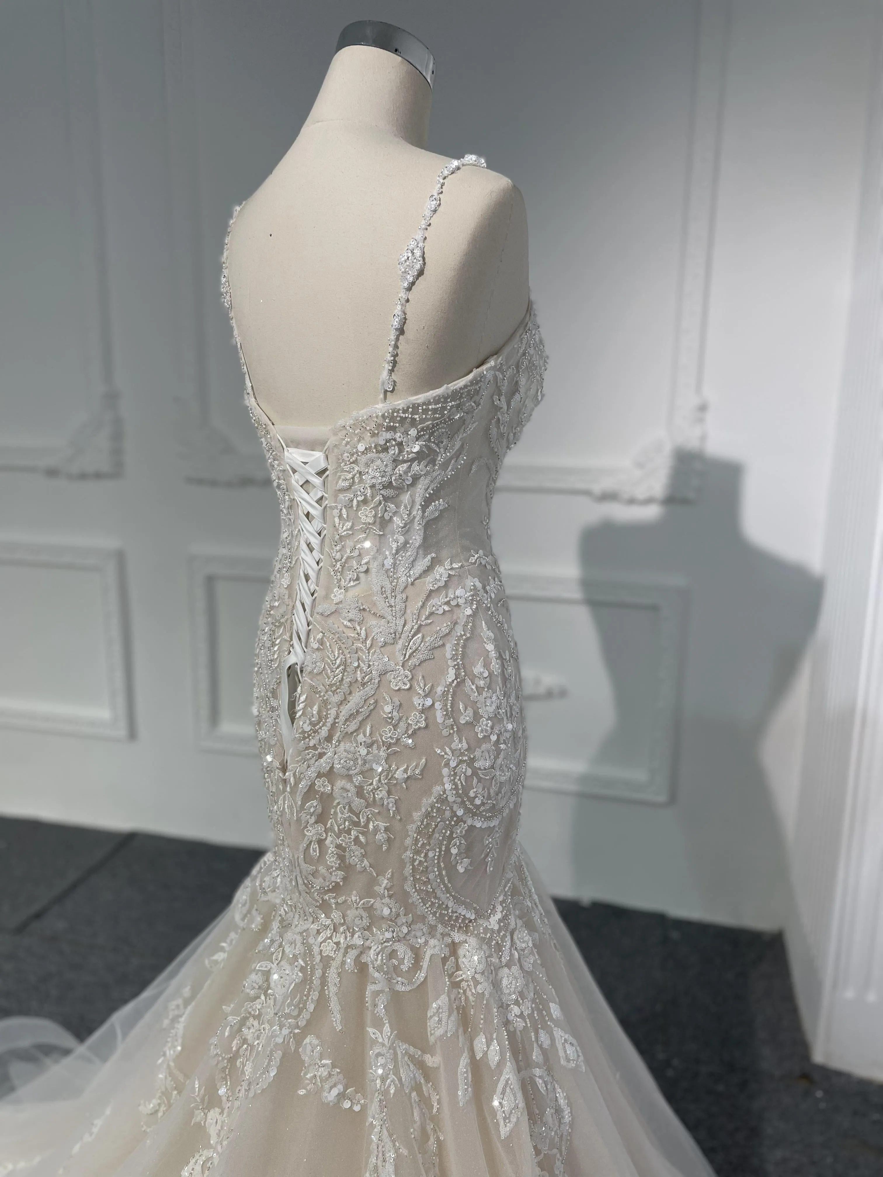 LB01- Heavy beading Lace nude color mermaid dress