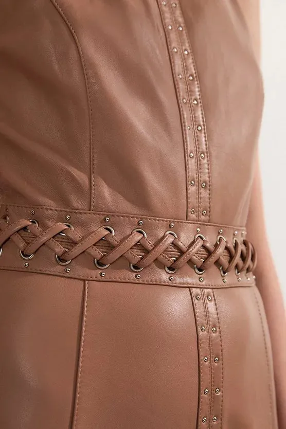 Leather Eyelet And Lace Trim Detail Sleeveless Midi Pencil Dress