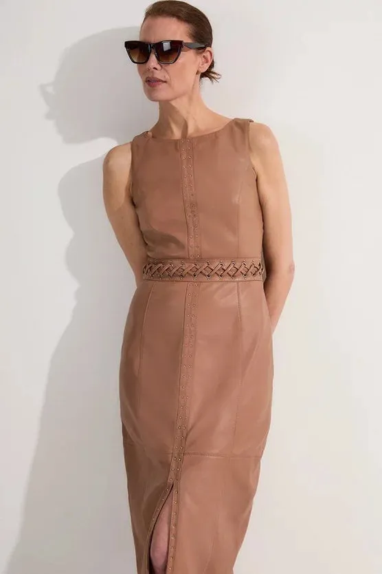 Leather Eyelet And Lace Trim Detail Sleeveless Midi Pencil Dress