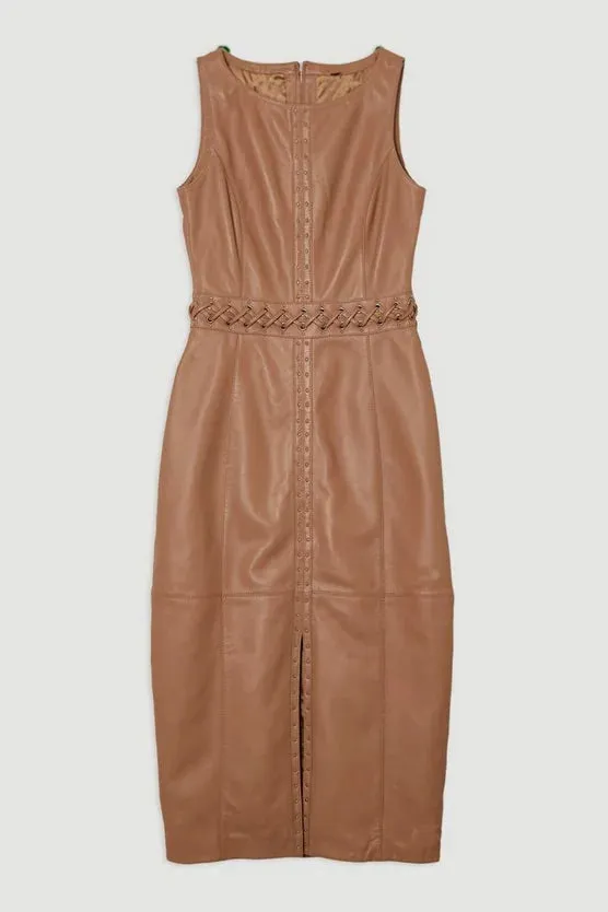Leather Eyelet And Lace Trim Detail Sleeveless Midi Pencil Dress