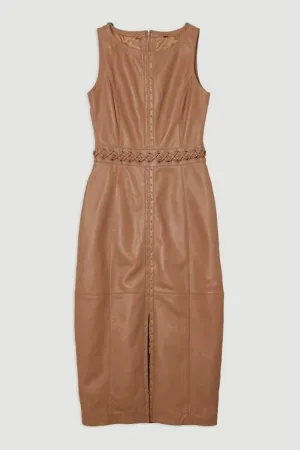 Leather Eyelet And Lace Trim Detail Sleeveless Midi Pencil Dress