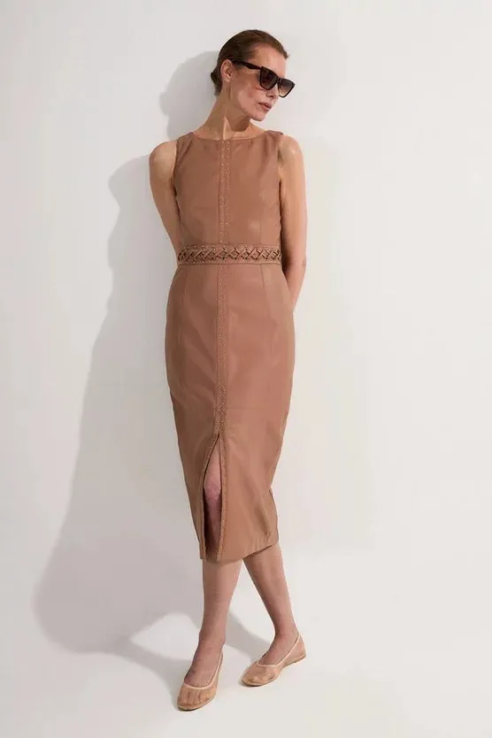 Leather Eyelet And Lace Trim Detail Sleeveless Midi Pencil Dress