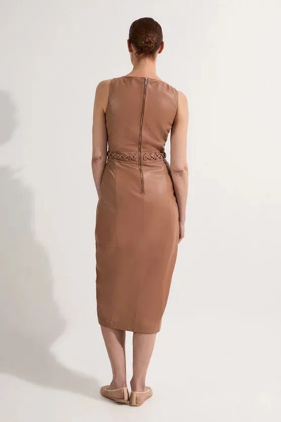 Leather Eyelet And Lace Trim Detail Sleeveless Midi Pencil Dress