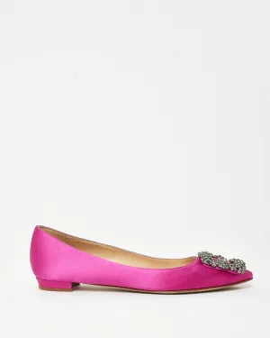 Manolo Blahnik Dark Fuchsia PInk Satin Jewel Buckle Flats - 35.5