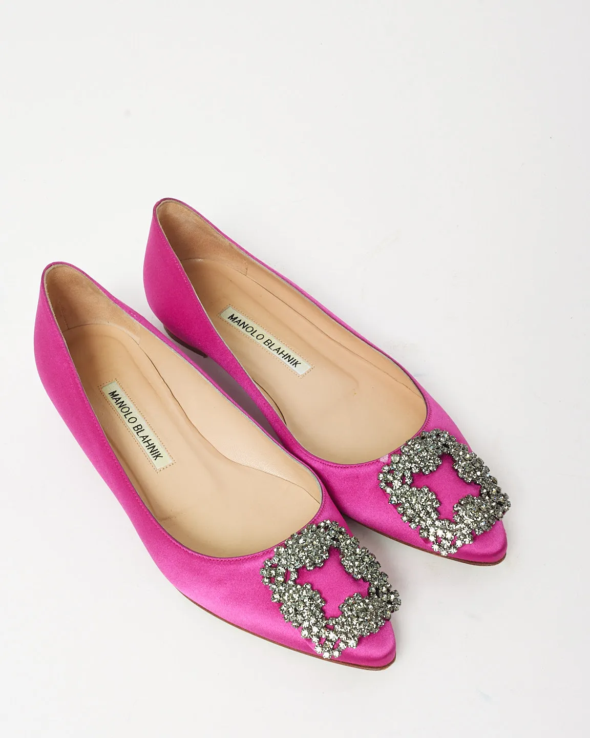 Manolo Blahnik Dark Fuchsia PInk Satin Jewel Buckle Flats - 35.5